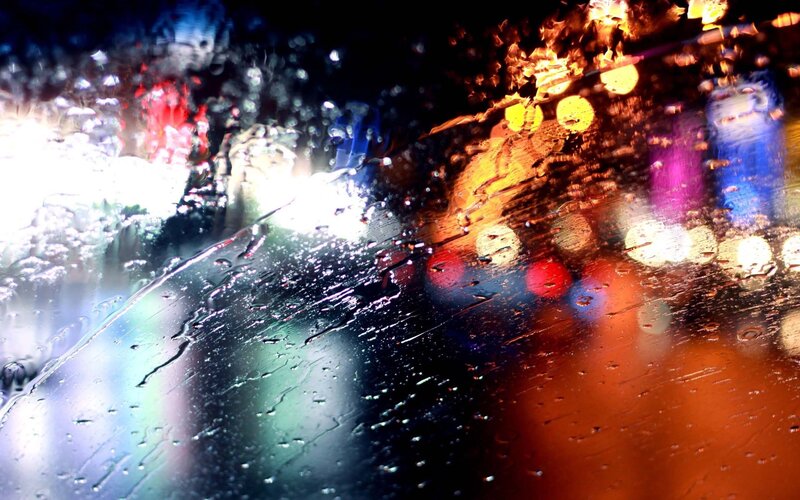 Raindrops on Car Window — Black, Dramatic, Night, Photograph