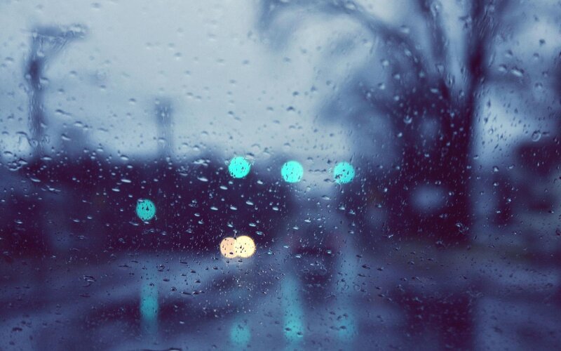 Raindrops on Car Window — Blue, Dreary, Night