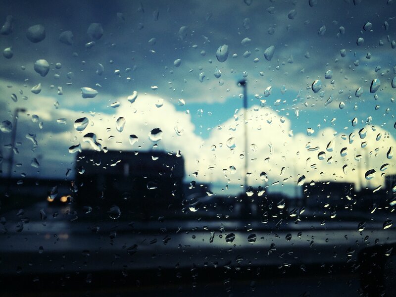 Raindrops on Car Window — Blue, Gloomy, Afternoon