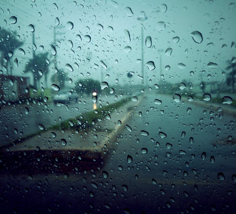 Raindrops on Car Window — Blue, Gloomy