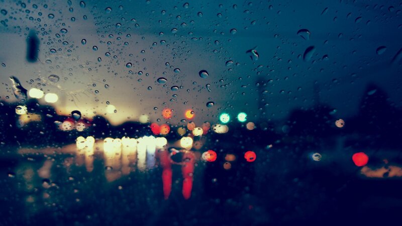 Raindrops on Car Window — Blue, Moody, Night, Photograph