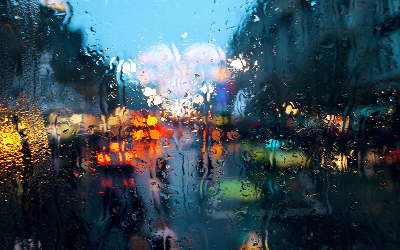 Raindrops on Car Window — Blue, Moody