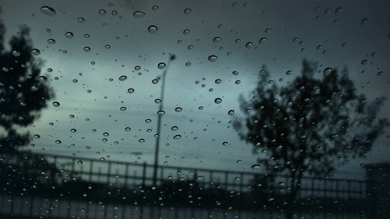 Raindrops on Car Window — Gray, Gloomy, Night, Photograph, Trees
