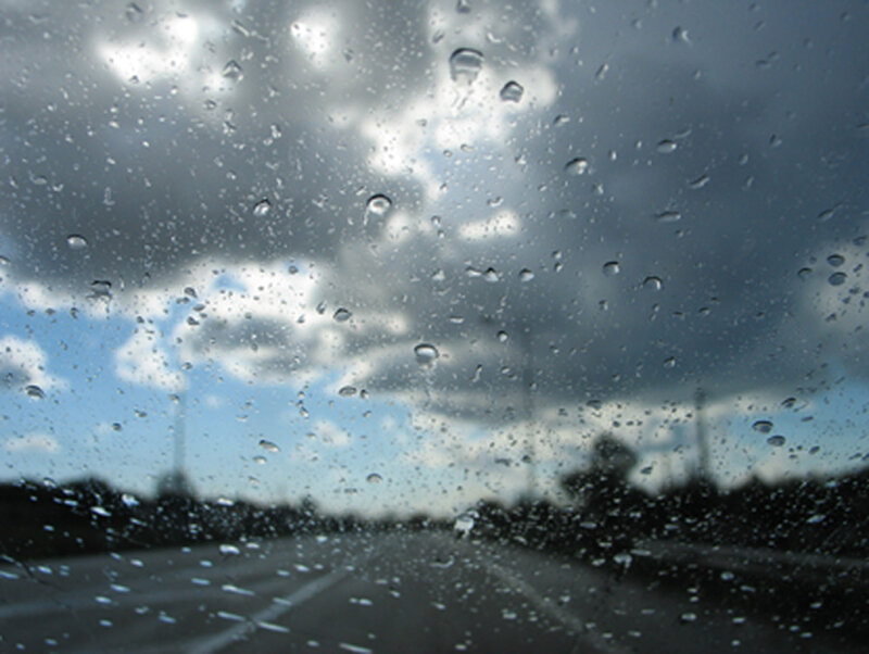 Raindrops on Car Window — Gray, Overcast, Photograph, Road, Clouds