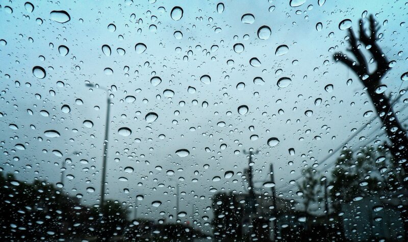 Raindrops on Car Window — Gray, Overcast, Photograph