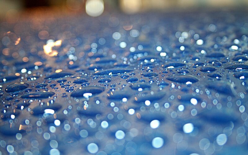 Raindrops on Dark Surface — Blue, Calm, Photograph, Droplets