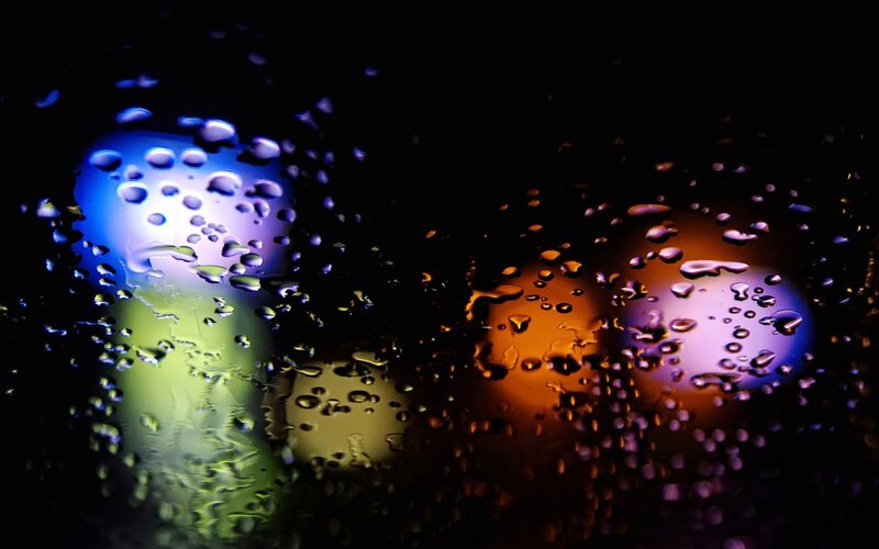 Raindrops on Glass — Blue, Abstract, Night