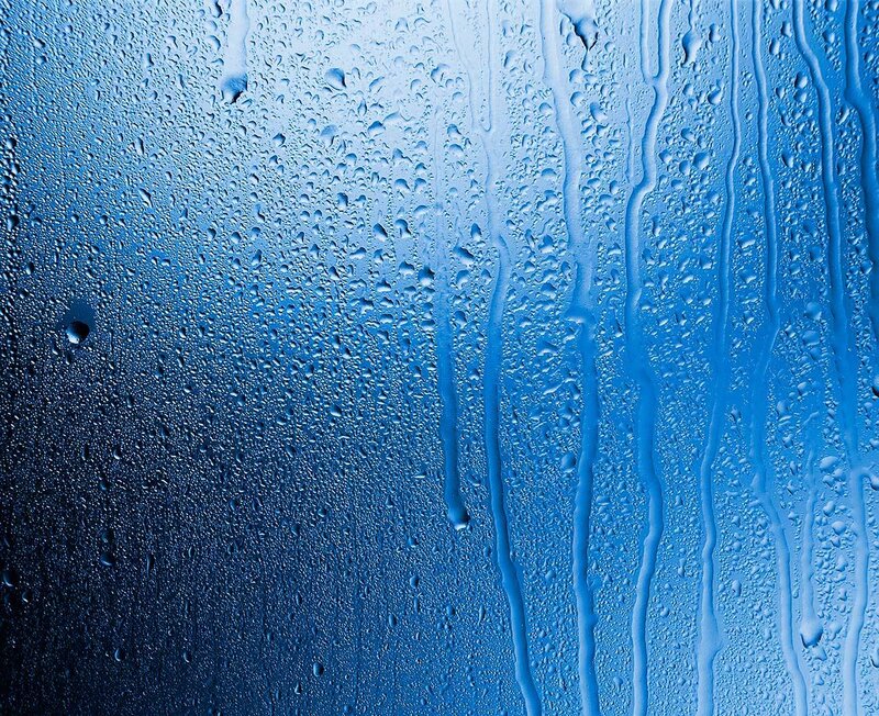 Raindrops on Glass — Blue, Calm, Photograph, Water Droplets, Streaks