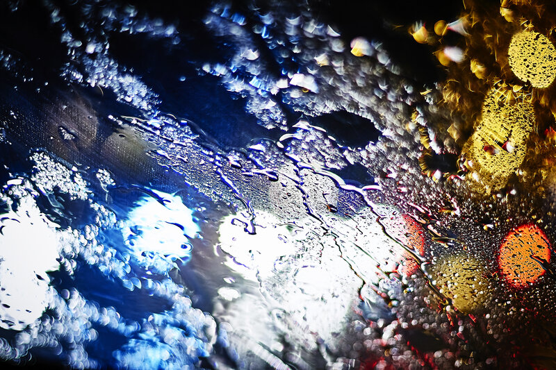 Raindrops on Glass — Blue, Dramatic, Night, Abstract