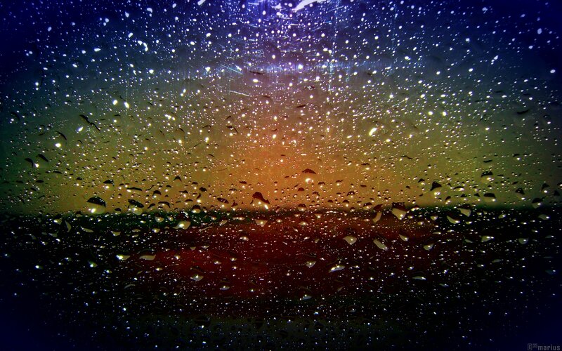 Raindrops on Glass — Blue, Dramatic, Night, Photograph, Light Reflections, Dark Background
