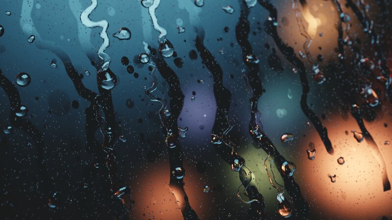 Raindrops on Glass — Blue, Dramatic, Night, Photograph, Light Reflections