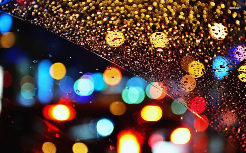 Raindrops on Glass — Blue, Dramatic, Night, Photograph, Lights, Bokeh