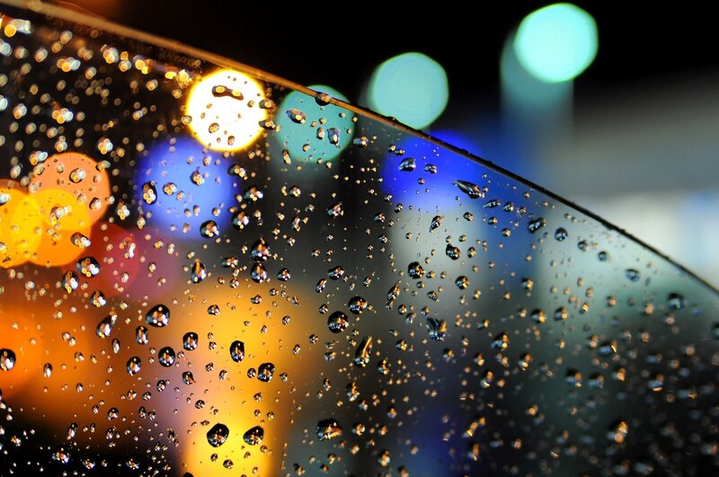 Raindrops on Glass — Blue, Dramatic, Night, Photograph, Lights, Bokeh, Yellow