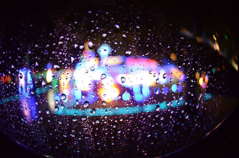 Raindrops on Glass — Blue, Dreamy, Night, Photograph, Lights, Bokeh, Purple