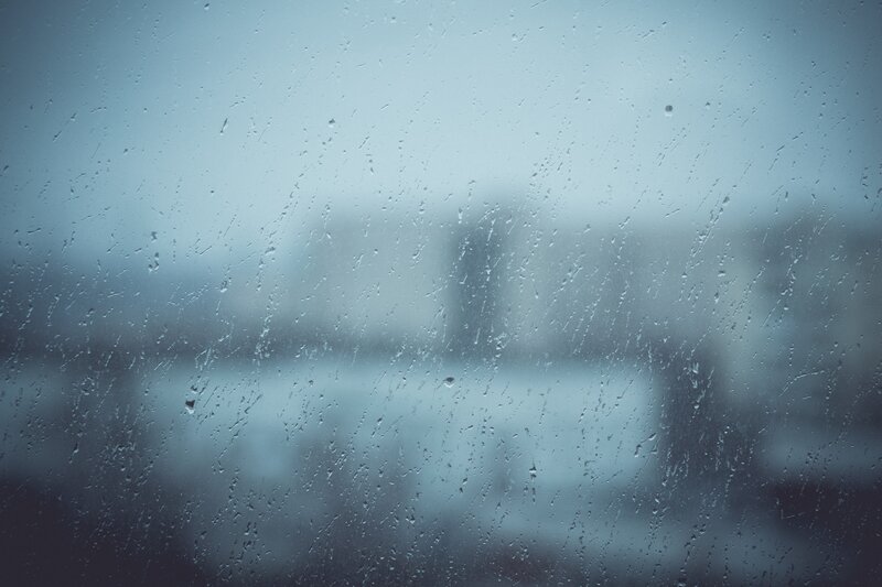 Raindrops on Glass — Blue, Dreary, Photograph