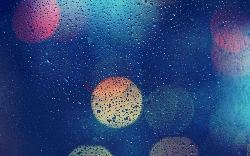 Raindrops on Glass — Blue, Moody, Night, Photograph, Bokeh Lights, Dark Background, Red