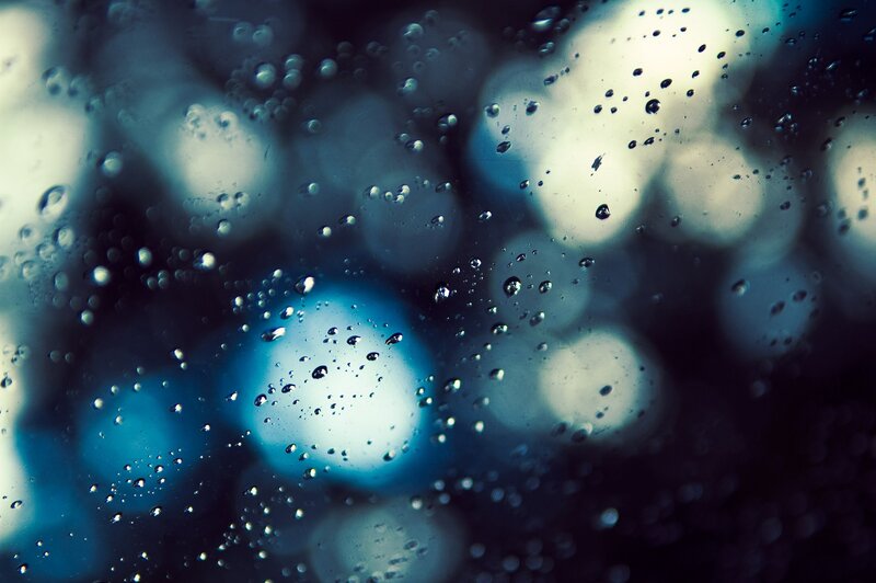 Raindrops on Glass — Blue, Moody, Night, Photograph, Bokeh Lights, White