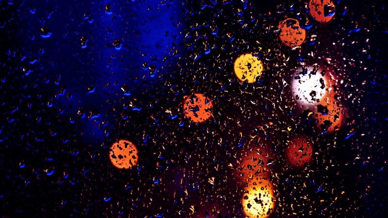 Raindrops on Glass — Blue, Moody, Night, Photograph, Lights, Bokeh, Darkness