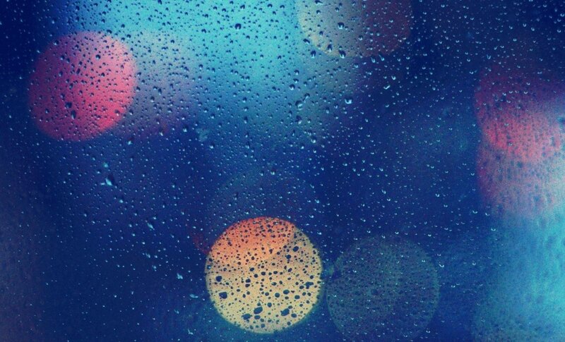 Raindrops on Glass — Blue, Moody, Night, Photograph, Lights, Bokeh