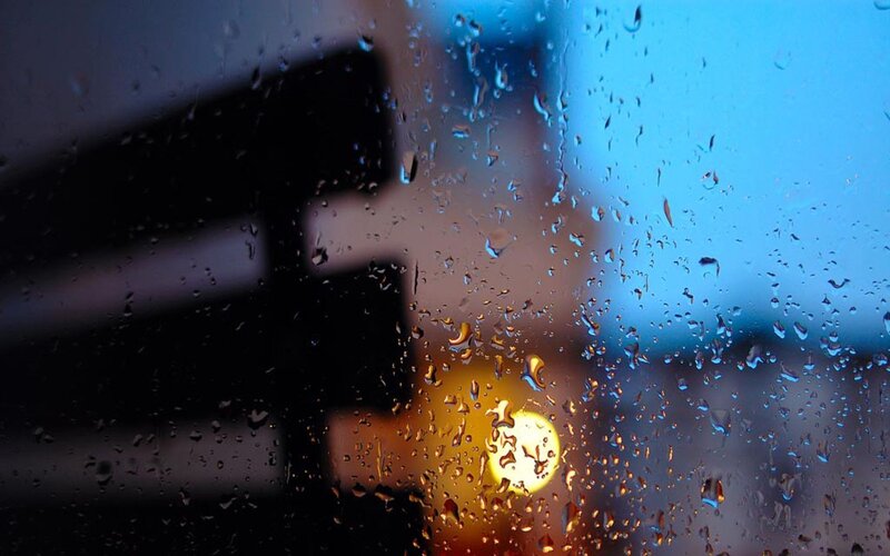 Raindrops on Glass — Blue, Moody, Night, Photograph, Lights, Window, Yellow