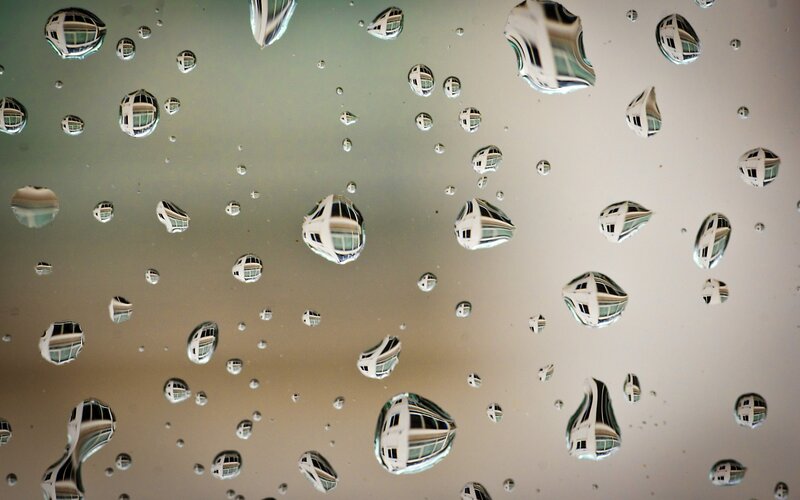 Raindrops on Glass — Gray, Calm, Photograph, Building, Reflection