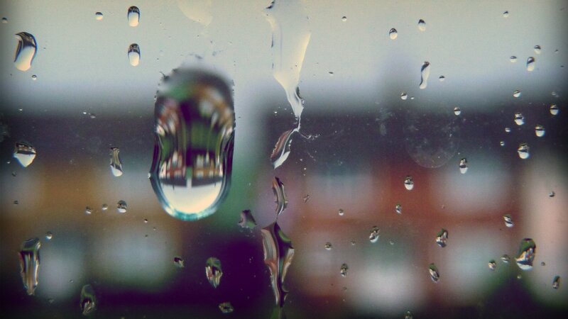 Raindrops on Glass — Gray, Melancholic, Photograph, Reflection, Green