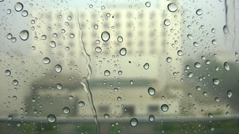 Raindrops on Glass — Gray, Overcast, Photograph, Building