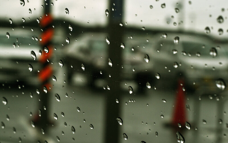 Raindrops on Glass — Gray, Overcast, Photograph, Cars, Traffic Cone