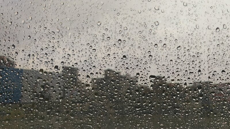 Raindrops on Glass — Gray, Overcast, Photograph, Window, Buildings