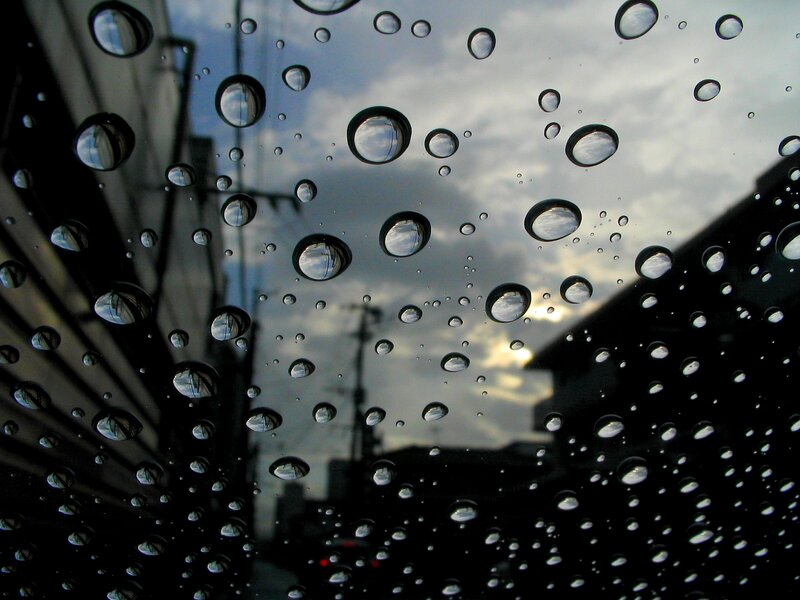 Raindrops on Glass — Gray, Overcast, Sunset