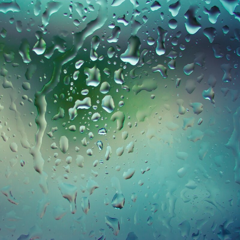 Raindrops on Glass — Green, Calm, Photograph, Droplets, Reflection