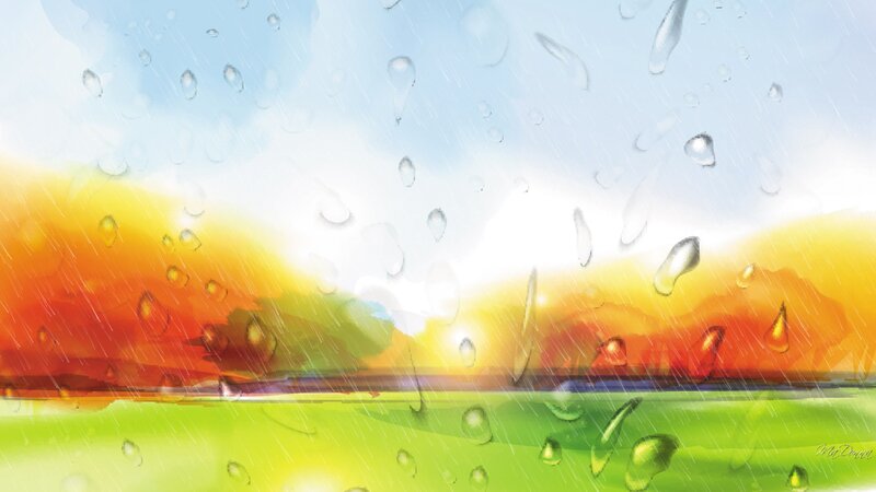 Raindrops on Glass — Green, Calm, Sunset
