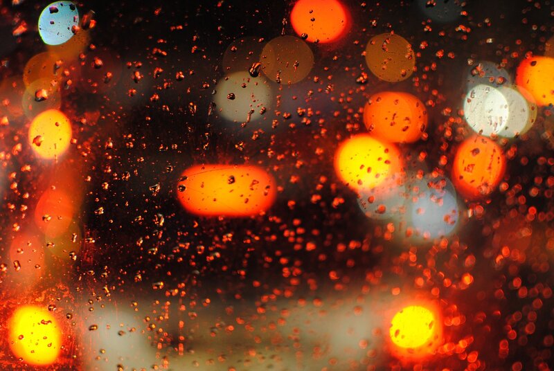 Raindrops on Glass — Orange, Dramatic, Night, Photograph, Lights