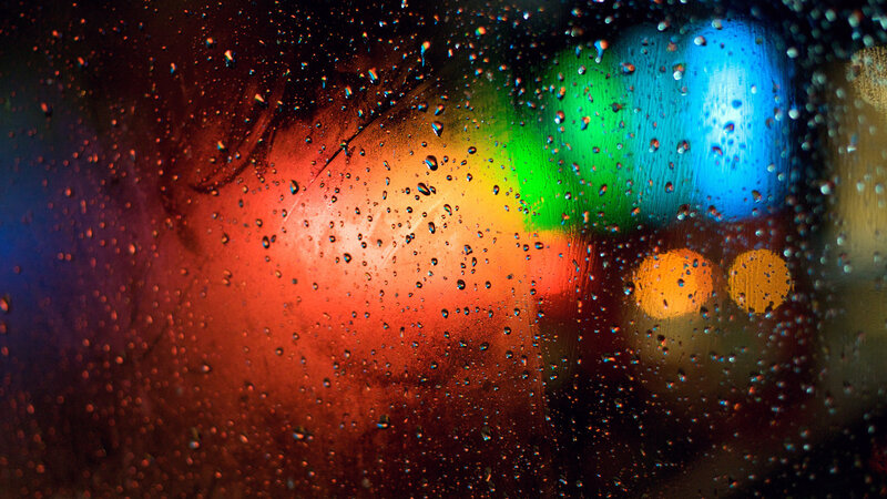 Raindrops on Glass — Red, Abstract, Night, Photograph, Lights, Bokeh, Colorful, Blue