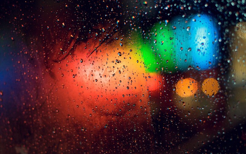 Raindrops on Glass — Red, Abstract, Night
