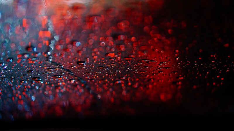 Raindrops on Glass — Red, Dramatic, Night, Photograph, Bokeh
