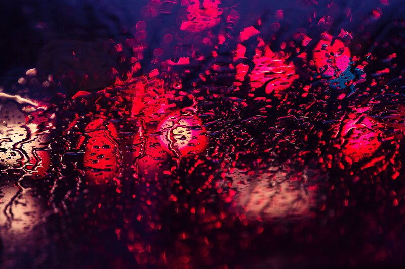 Raindrops on Glass — Red, Dramatic, Night, Photograph, Lights, Bokeh
