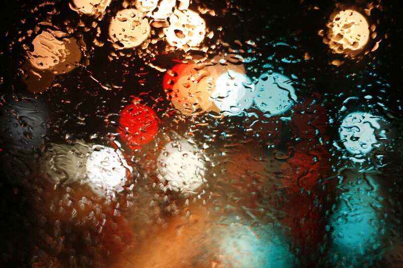 Raindrops on Glass — Red, Dramatic, Night, Photograph, Lights, Bokeh, Window