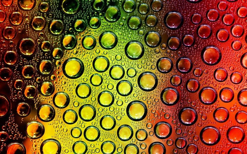Raindrops on Glass — Red, Vibrant, Abstract, Bubbles