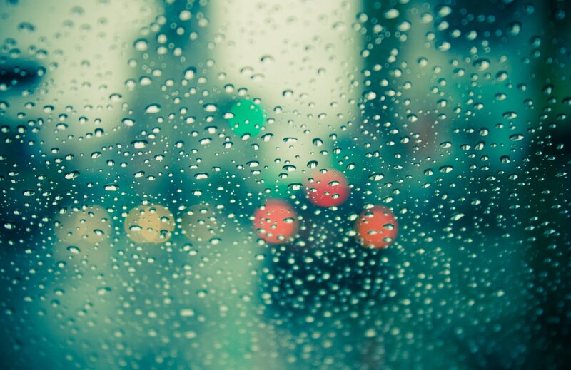 Raindrops on Glass — Teal, Moody, Night, Photograph, Lights, Bokeh