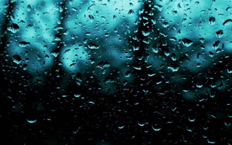 Raindrops on Glass — Teal, Moody, Night, Photograph, Rain