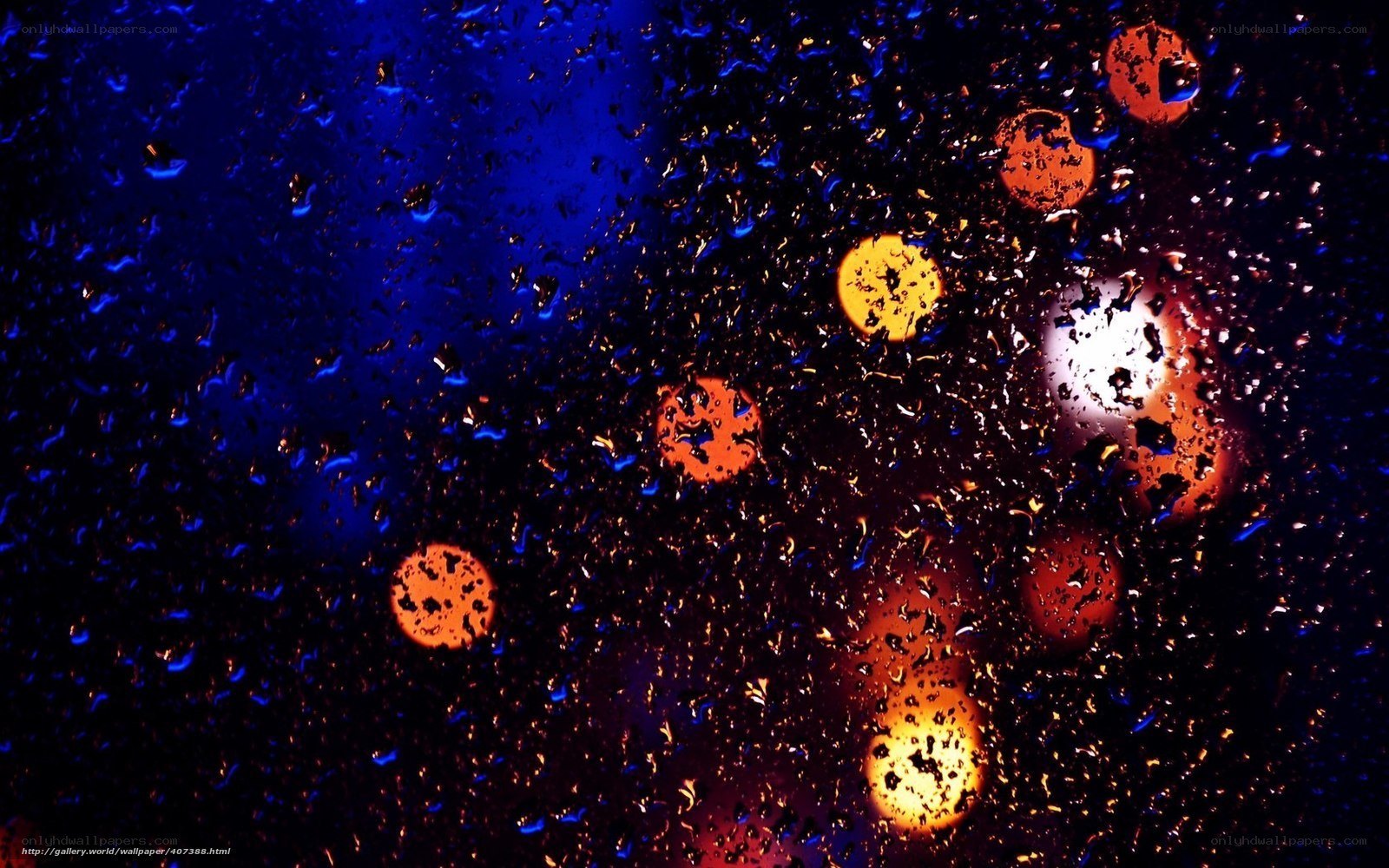 Raindrops on glass with city lights