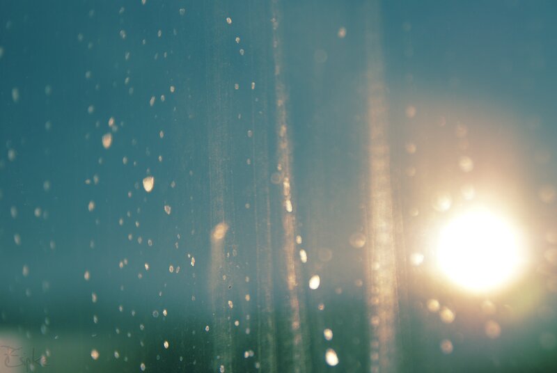raindrops on glass with sunlight