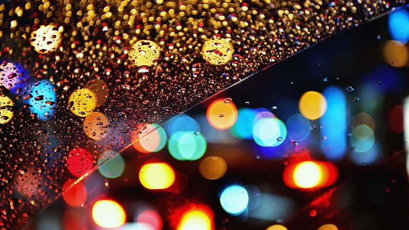 Raindrops on Glass — Yellow, Dramatic, Night, Photograph, Lights, Bokeh