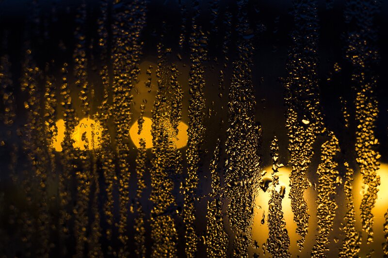 Raindrops on Glass — Yellow, Moody, Night