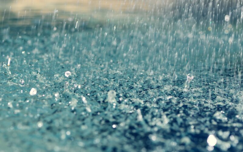 Raindrops on Water — Blue, Calm, Photograph, Rain, Splashes, Droplets