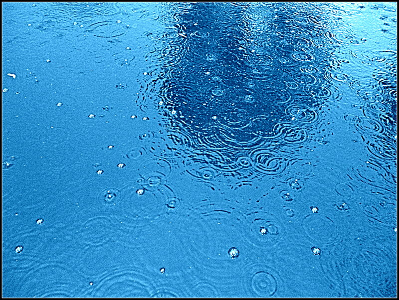 Raindrops on Water Surface — Blue, Calm, Photograph, Ripples, Bubbles