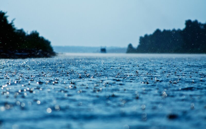 Raindrops on Water Surface — Blue, Calm, Photograph, Trees, River