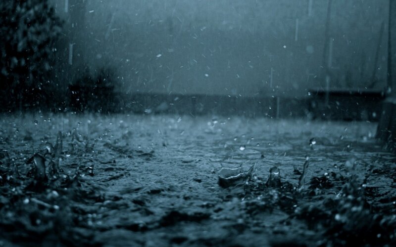 Raindrops on Wet Ground — Blue, Dreary, Night, Photograph