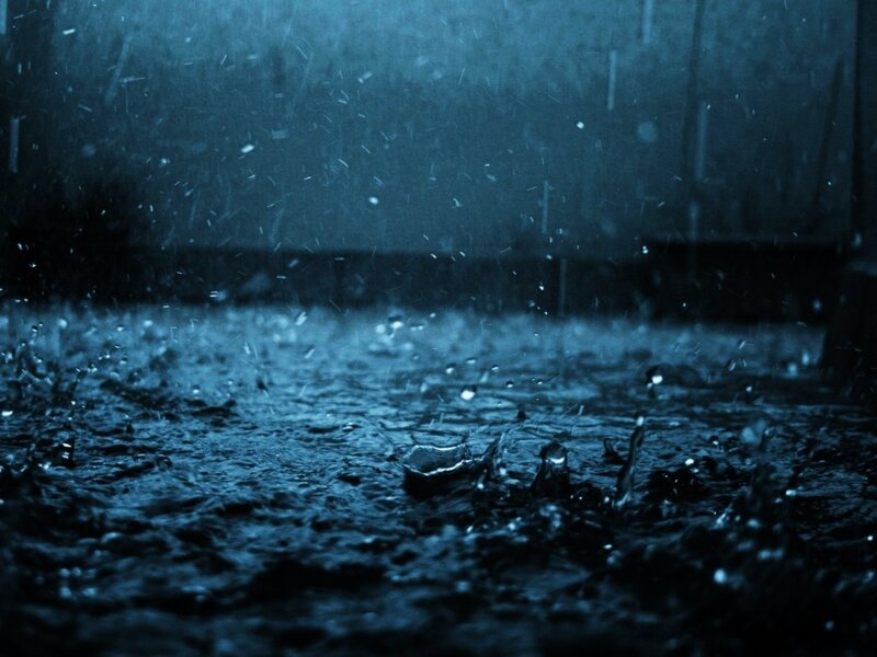 Raindrops on Wet Surface — Blue, Dramatic, Night, Photograph, Rain, Splashes, Dark Background